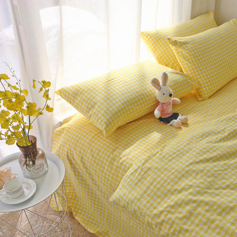 ins风柠檬亮黄格子简约时尚 全棉枕套床单被套单件  水洗棉四件套