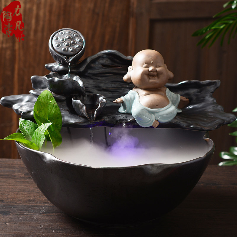 大号陶瓷流水喷泉笑佛禅意摆件招财水景鱼缸复古家居客厅装饰礼品