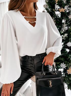 2020春季新款跨境速卖通欧美女装亚马逊领口装饰V领衬衫留学生