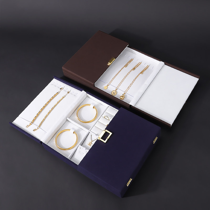 高档珠宝首饰盒双开超纤绒布盒子戒指吊坠手镯项链饰品收纳展示盘