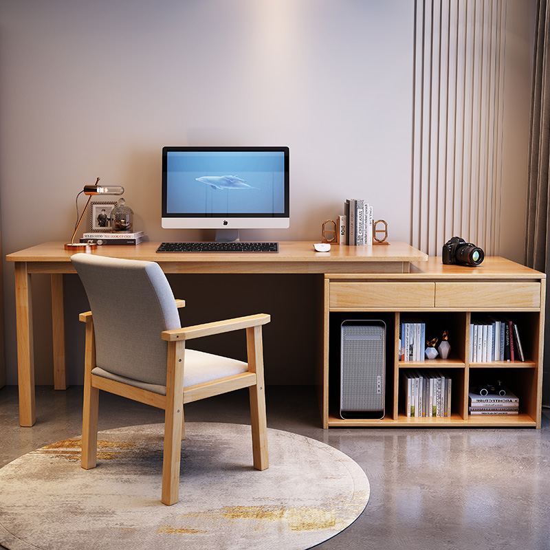 实木双人书桌书柜一体台式电脑桌家用学习桌可伸缩转角办公桌子