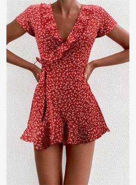 Summer Womens Floal A-Line Dress Sweet Elegant Floral Ruff