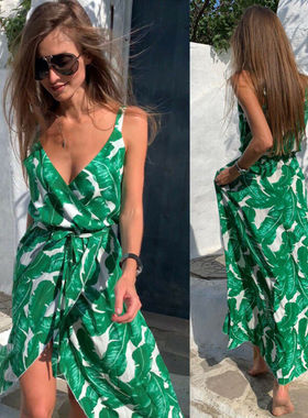 arty Casual Wrap Beach Dress Ladies Leaf Printed Green Dress