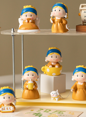 可爱治愈系戴珍珠耳环少女摆件办公室桌面工位装饰送女孩生日礼物