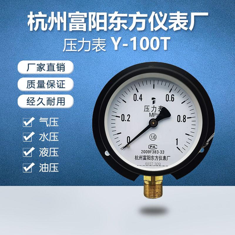 杭州富阳东方Y-100T船用普通压力表径向带后边真空压力表YC黑盘订