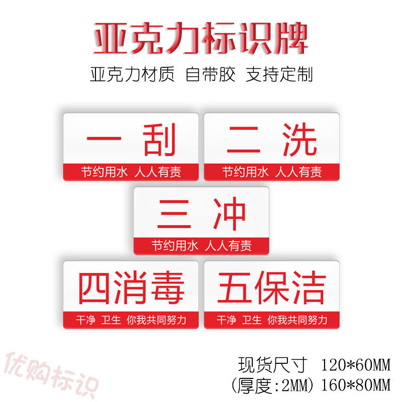 餐具清洗流程标识洗碗池一刮二洗三冲四消五保洁亚克力防水标志牌