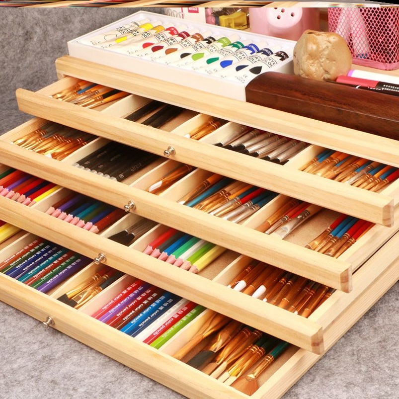 画箱彩铅美术四层桌面储物多功能图绘通木质抽屉式画盒画笔收纳盒