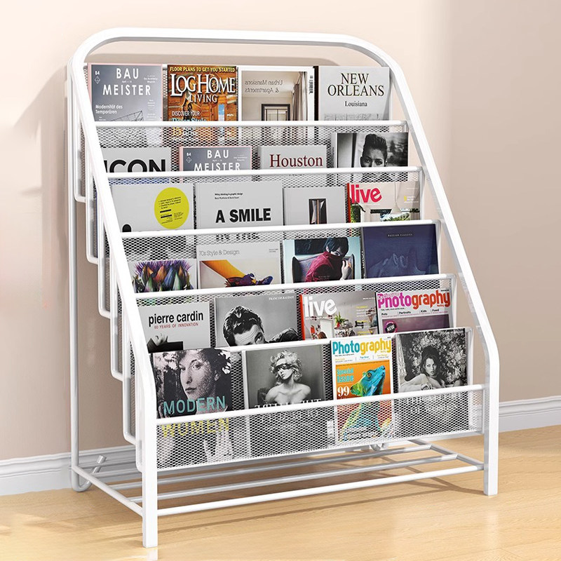 简易书报架铁艺书柜靠墙落地书架杂志收纳架多层架子展示架置物架