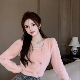 韩国显瘦感英伦风欧美风短款开衫毛衣女方领双排扣针织衫设计感上