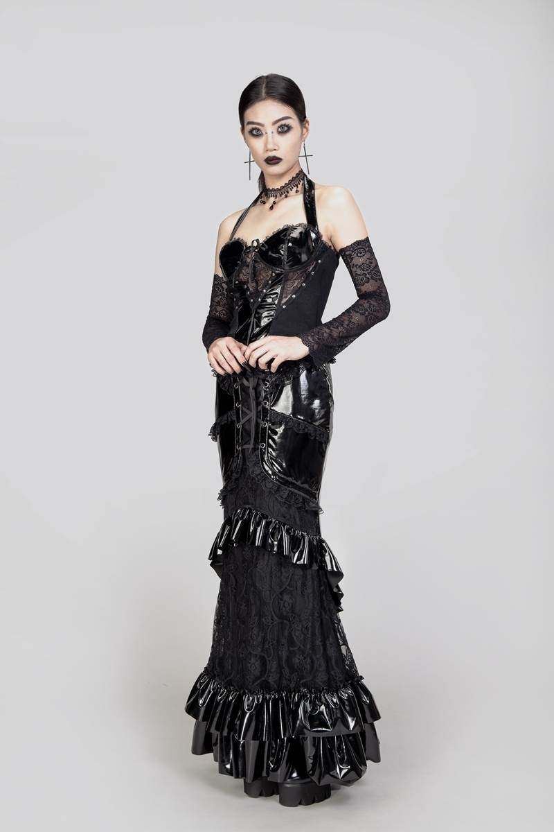 RNG哥特女装暗黑绑带蕾丝拼接荷叶边性感半身裙漆皮鱼尾裙LS2436