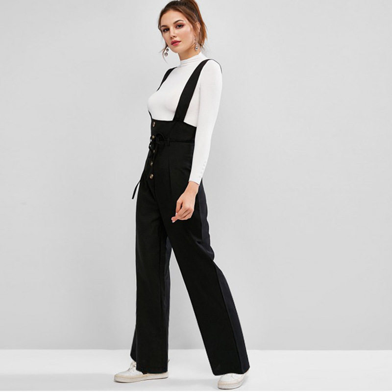 Women big yards casual suspenders belted button up jumpsuit