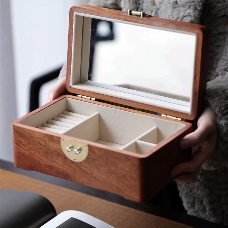 实木首饰盒铜扣带镜子长