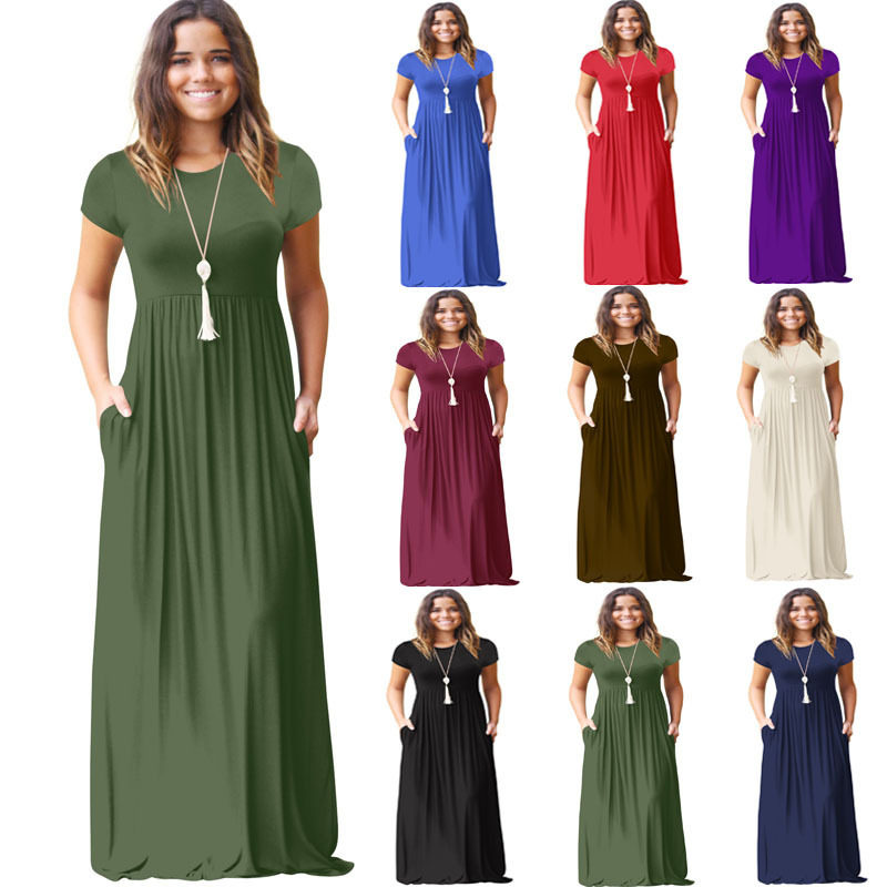 Women's long skirt summer short-sleeved casual pocket dress图片