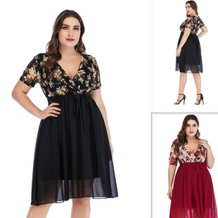 plus size patchwork dress Fat woman gown Lace chiffon 大码裙