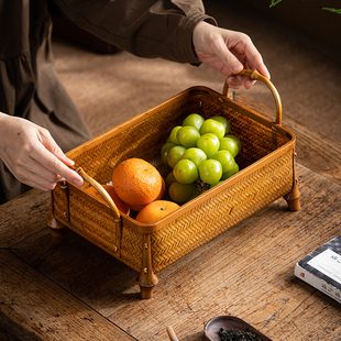 复古竹编篮收纳筐手工编织水果篮茶几零食茶具收纳筐中式野餐提篮
