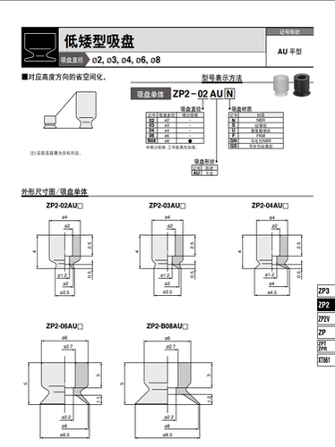 SMC型低矮型吸盘ZP2-02AUN ZP2-03AUS ZP2-04AUN ZP2-B08AUN 06AU