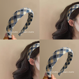 孔蓝格纹！高级感布艺格子！海绵发箍增高颅顶头箍宽边发卡盘发器