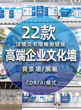W03高端蓝色科技办公形象墙企业文化墙宣传栏设计cdr/ai模板素材
