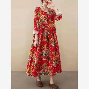 胖MM宽松大摆连衣裙 碎花文艺大码 2023秋冬新款 民族风特色大红长款