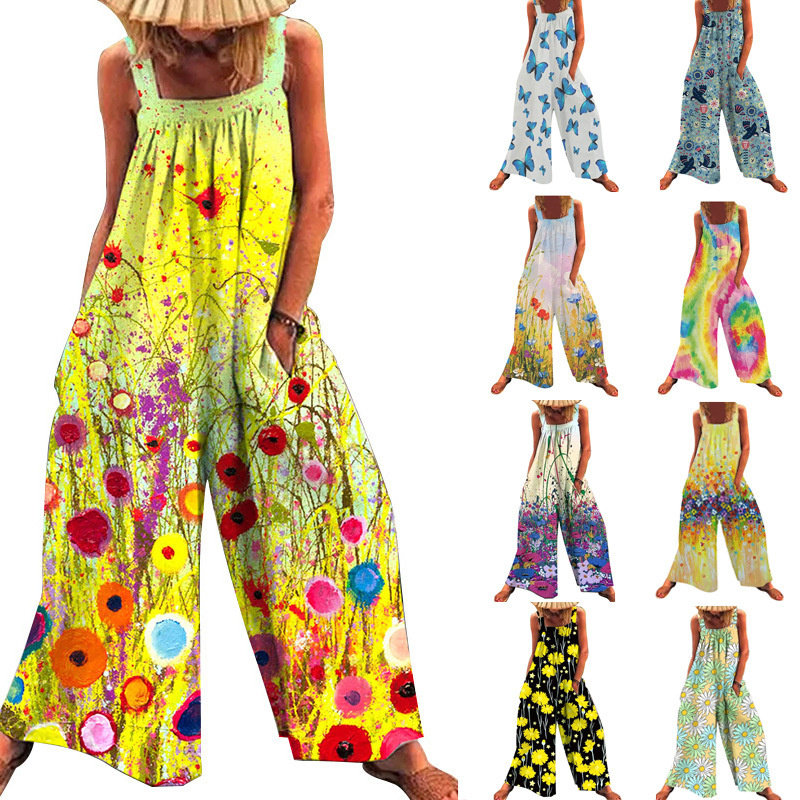 summer women suspender jumpsuit casual print ladies clothes