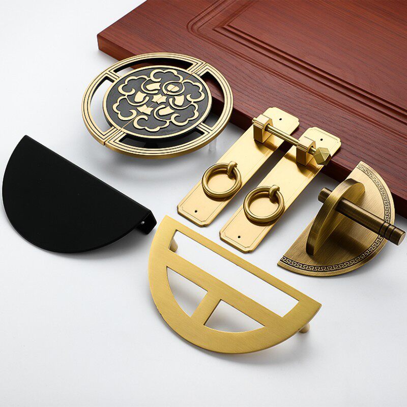 新中式复古家具对开柜门黄铜门把手衣柜半圆黑色圆形古典铜拉手