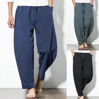 Loose Skin-friendly Men Straight-Legs Linen Pants for Home