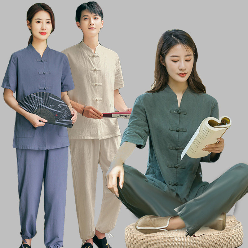 禅修居士服女佛系寺庙挂单打坐衣服禅意夏季短袖棉麻套装定制logo
