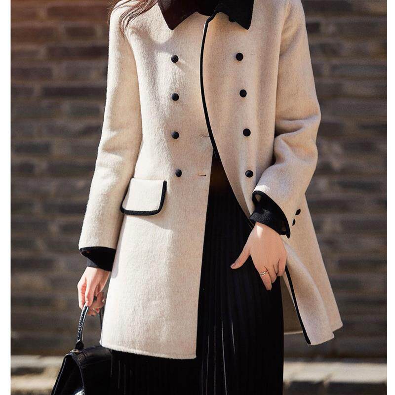 大衣外套女中长款秋冬撞色拼接翻领双排扣优雅气质双面羊毛呢大衣