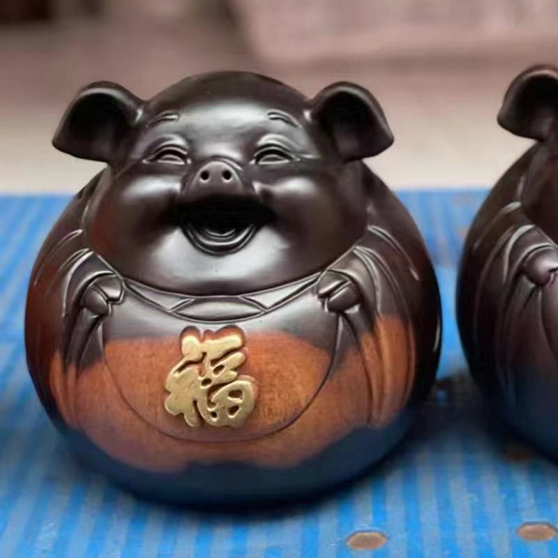 黑檀实木猪摆件雕圆形红