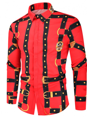 外贸亚马逊欧码跨境2022秋季新款男士红色数码印花衬衣长袖衬衫男