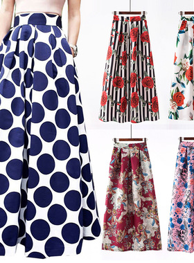 Women's White Contrast Polka Dot Print Maxi Skirt 复古半身裙