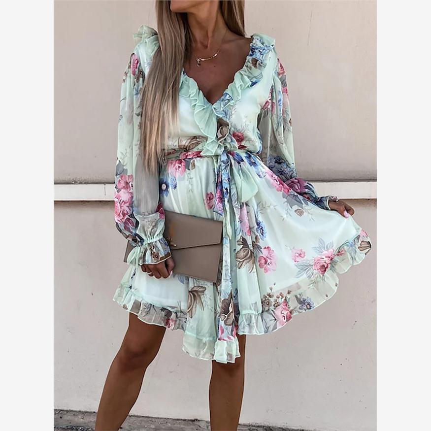 Sexy Ruffled V-Neck Printed Waist Dress荷叶边V领收腰连衣裙女