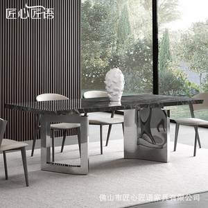 意式轻奢岩板餐桌简约家用方形高端加厚下挂不锈钢镜面餐桌设计感