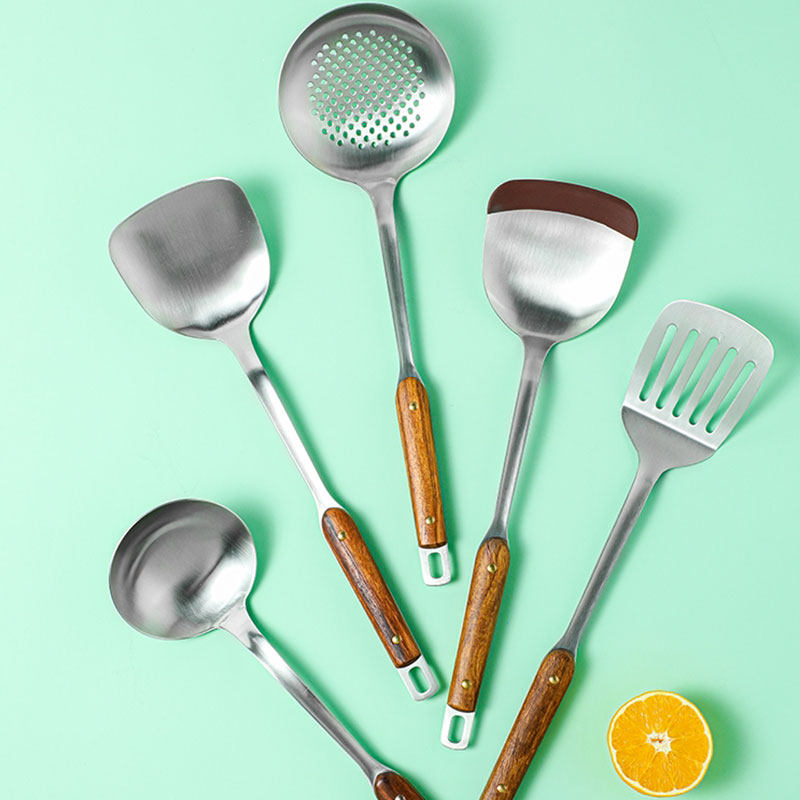 304不锈钢锅铲汤勺炒菜漏勺梨花木手柄带硅胶头锅铲子炒勺不粘锅