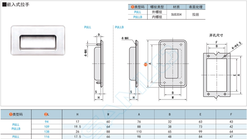 PULL/PULLB-94 /109/138/116不锈钢嵌入式拉手PULLB-94