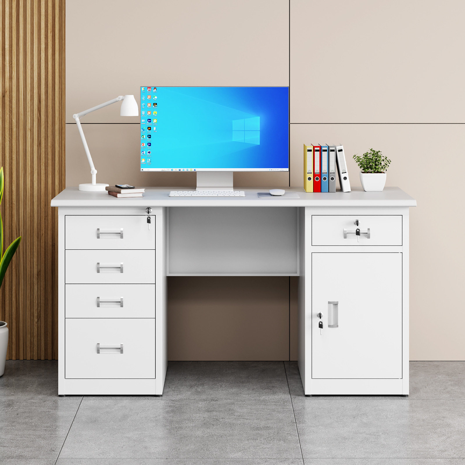 钢制办公室电脑桌子铁皮单人带锁抽屉写字台医生财务工作台家用