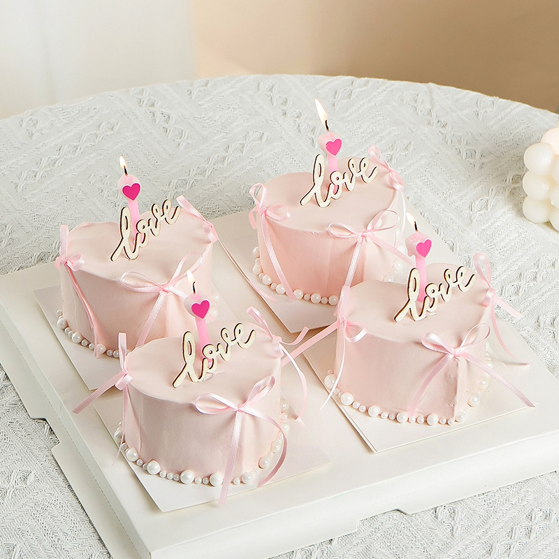 七夕情人节心形小蛋糕装饰ins风蝴蝶结丝带木质love爱心蜡烛插件