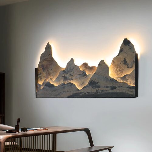 新中式入户玄关壁画灯岩板茶室禅意沙发背景墙山水装饰画圆形壁灯