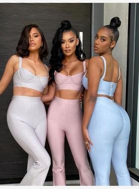 2022 Sexy Two Pieces Set Bodycon Rayon Bandage Evening Party