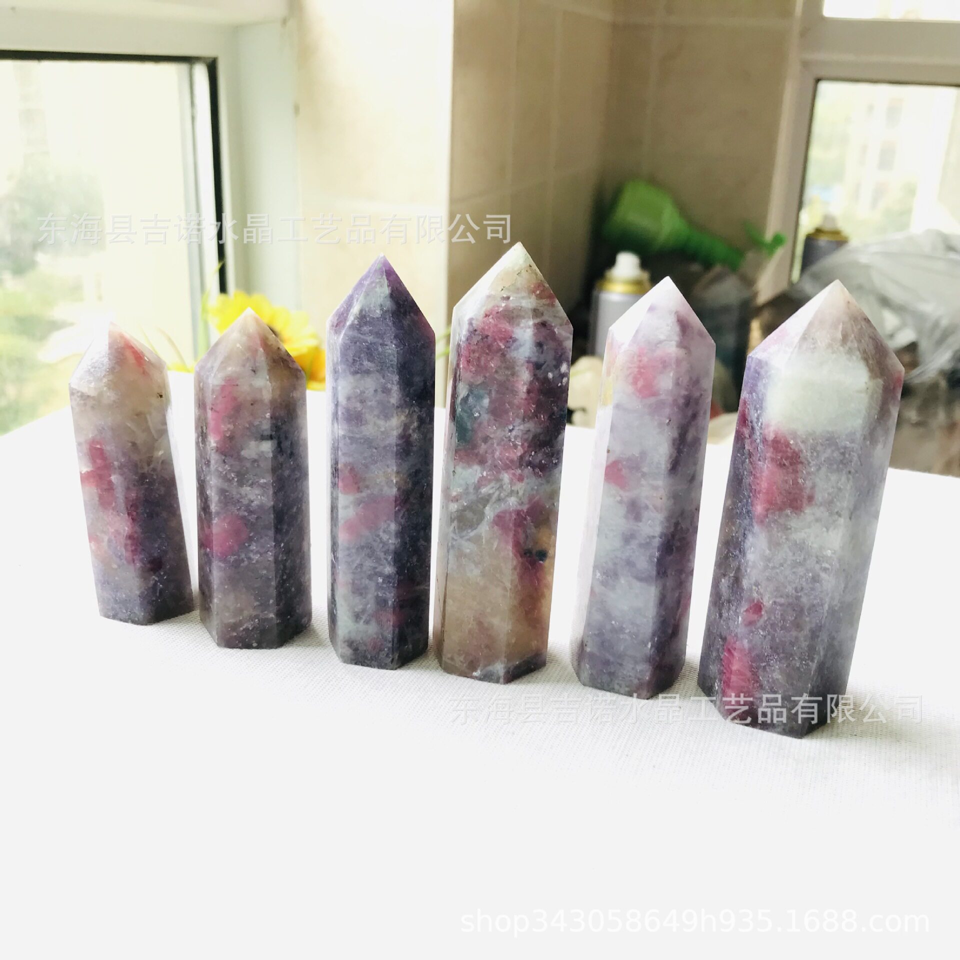 水晶柱紫云母碧玺共生体六棱柱原石打磨 工艺品