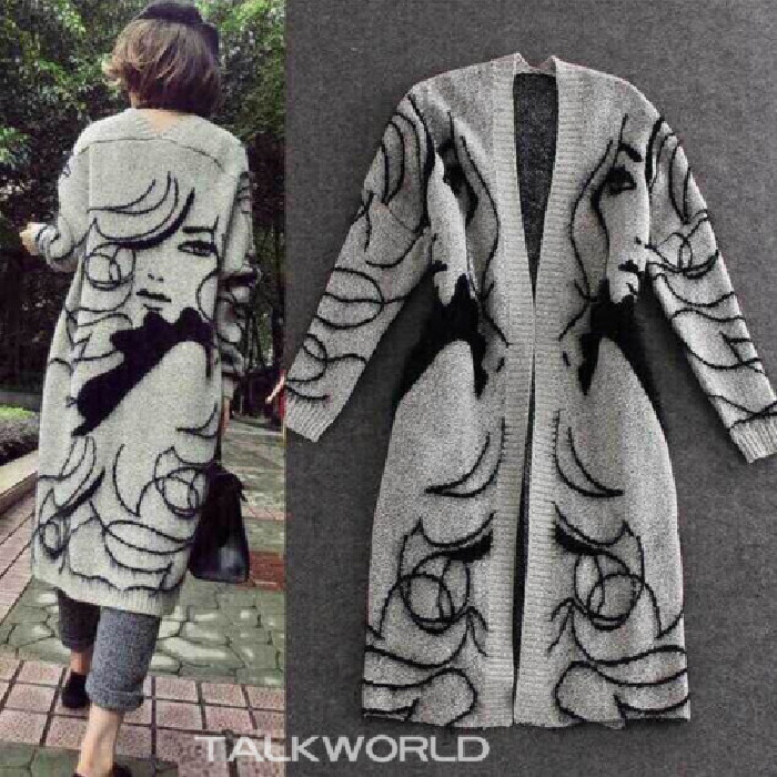 欧美春秋冬时尚新款中长款女针织开衫蝙蝠袖加厚宽松印花毛衣外套