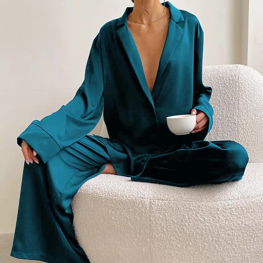 欧美长袖衬衫色丁宽松阔腿裤休闲套装 shirt wide leg pants suit