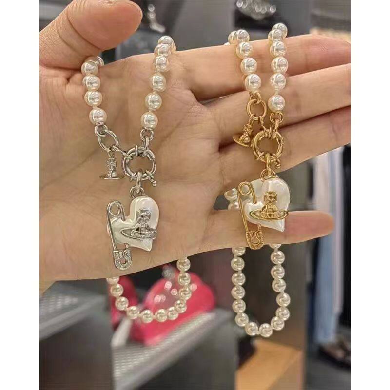 西太新后款爱心别针水晶土星珍珠项链时尚桃心回形针吊坠颈饰