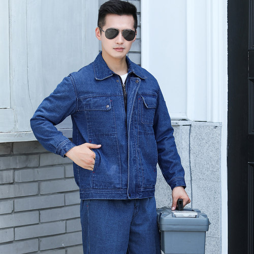 秋冬季纯棉牛仔焊工工作服套装男加厚耐磨防烫电焊干活衣服劳保服