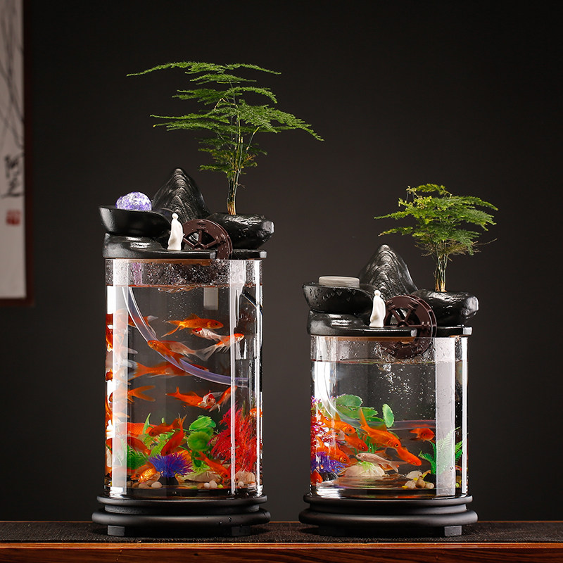 创意悬壶山水循环流水摆件生态鱼缸家用招财圆柱形玻璃养鱼水族箱
