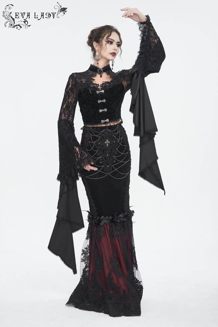 EVA LADY恶魔时尚女装哥特朋克暗黑蕾丝短上衣不规则袖子ECT014