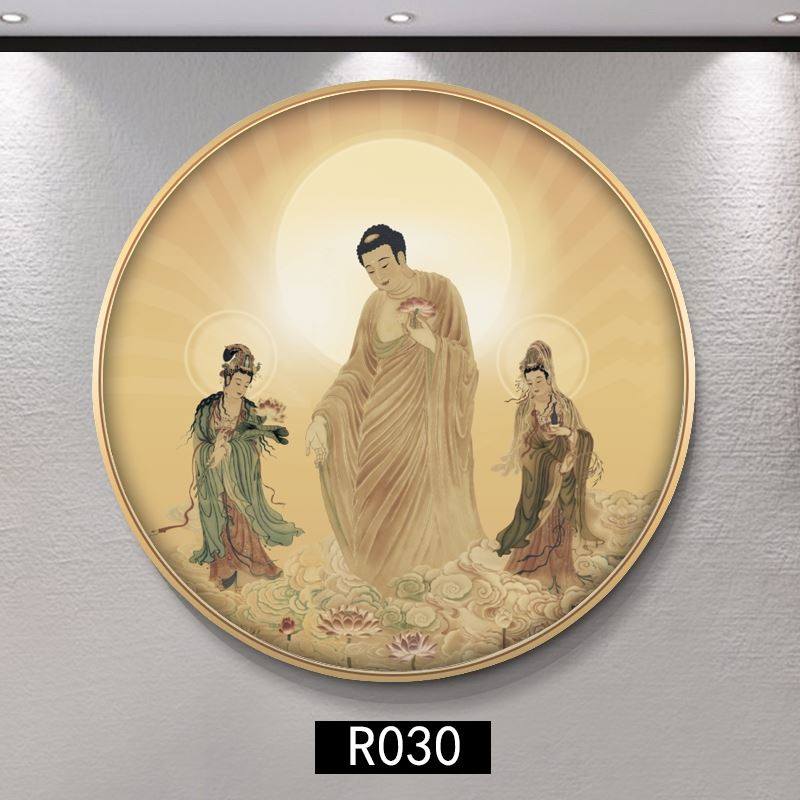 阿弥陀佛像供奉圆形三挂画圣装饰画势至佛像佛堂壁西方观世音大