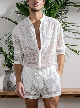 Men's fashion suit镂空长袖衬衫休闲短裤时尚男士套装潮流两件套