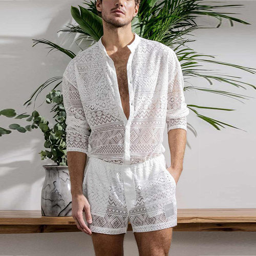 Men's fashion suit镂空长袖衬衫休闲短裤时尚男士套装潮流两件套