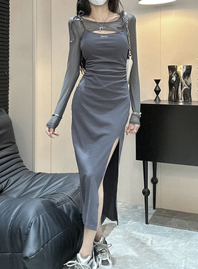 2024秋美式复古网纱吊带假两件连衣裙纯欲性感优雅拼接长款包臀裙